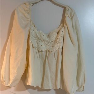 Anthropologie Women's Cream Crochet-Trim Peasant Top